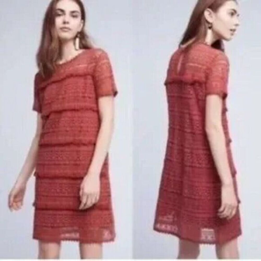 Anthropologie 02Sky Mauve Crochet Eyelet Knit Short Sleeve Dress Size Small